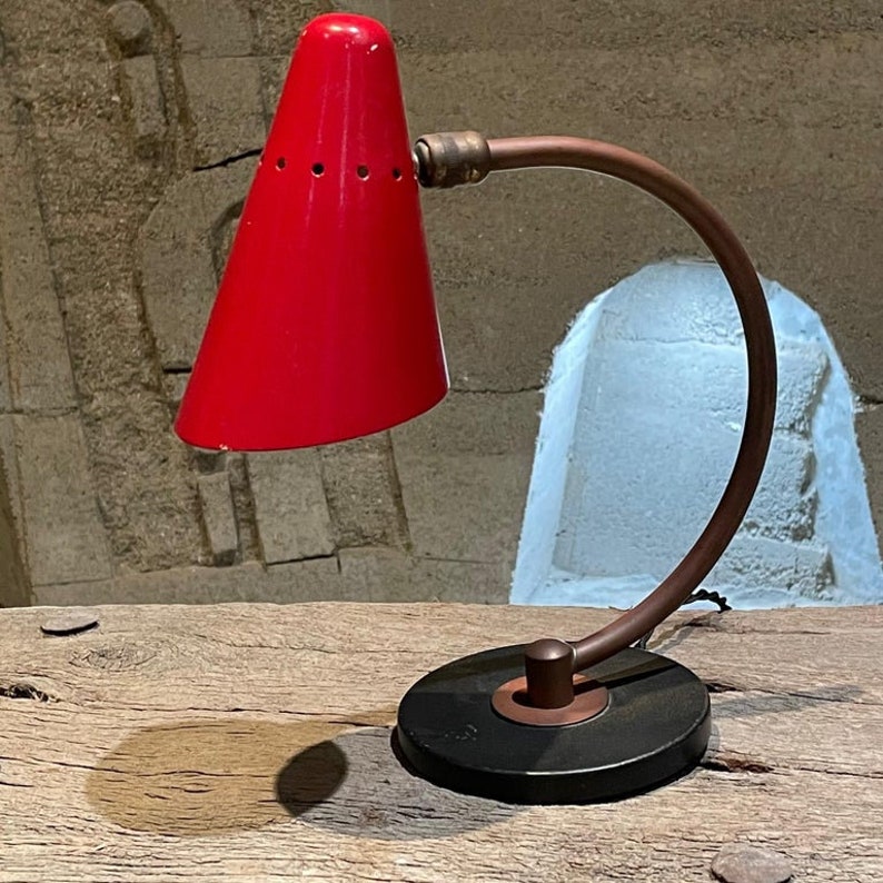 French Desk Table Lamp Lovely Red Perforated Cone Shade 1950s FRANCE image 8