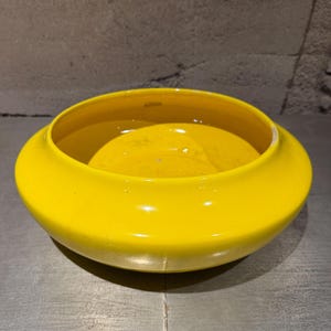May include: A bright yellow ceramic bowl with a wide, rounded rim and a smooth, glossy finish. The bowl features a deep, circular basin and a low-profile design, showcasing a vibrant, solid color throughout the interior and exterior surfaces.