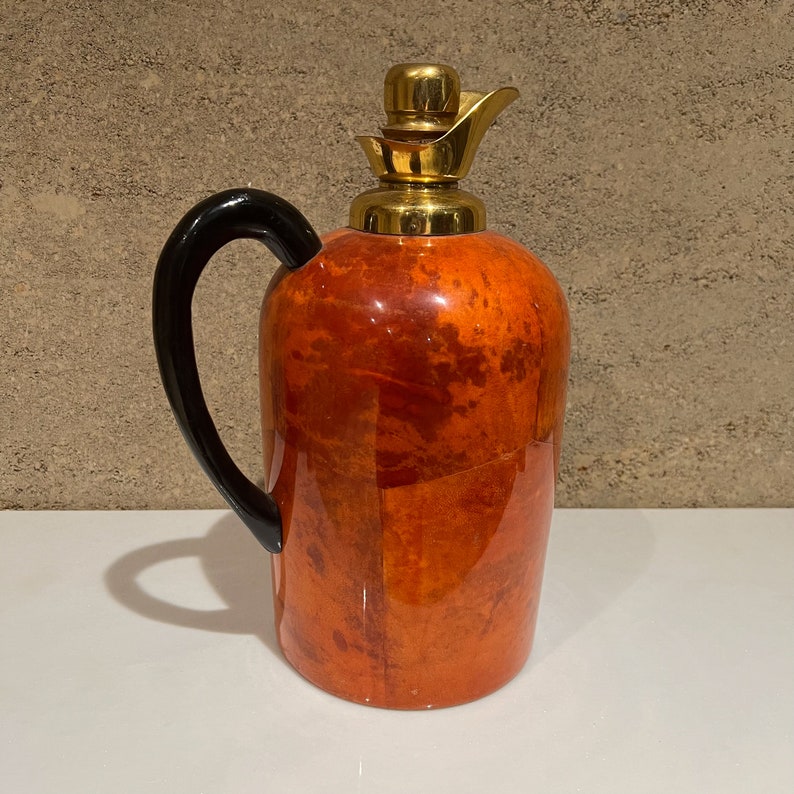 1950s Aldo Tura Macabo Fancy Red Thermos Pitcher Carafe Goatskin & Brass image 7