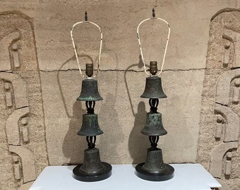 Modern Regency Bronze Mejico Bell Table Lamps on Marble Base 1940s Guadalajara