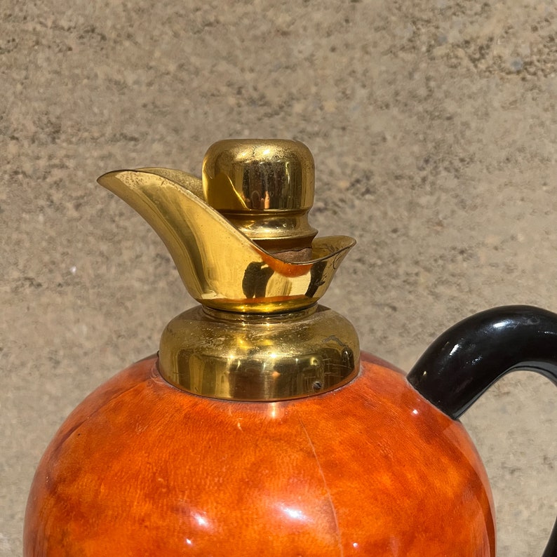 1950s Aldo Tura Macabo Fancy Red Thermos Pitcher Carafe Goatskin & Brass image 9