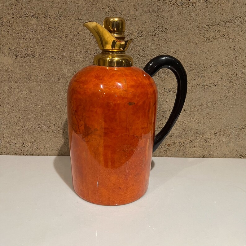 1950s Aldo Tura Macabo Fancy Red Thermos Pitcher Carafe Goatskin & Brass image 3