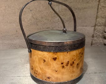 Mid-Century Modern Italian Olive Burl wood Silver Chrome Ice Bucket Italy
