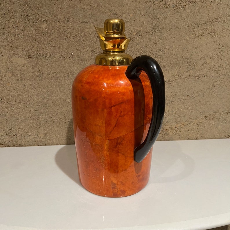 1950s Aldo Tura Macabo Fancy Red Thermos Pitcher Carafe Goatskin & Brass image 8