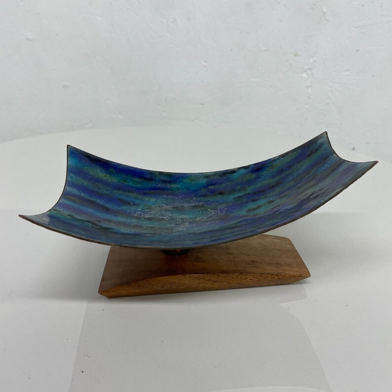 Modern Curved Lines Dreamy Blue Art Enamel Sculpture Koa Wood Base 1980s image 2