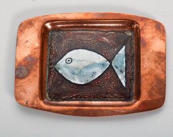 Modern Fish Art Copper on Enamel Decorative Tray Plate Maggie Howe 1970s