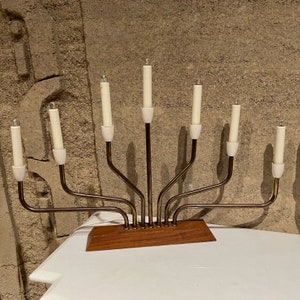 1960s Modernist Menorah Sculptural 7 Arm Table Lamp Pair Teak & Brass Parzinger image 3