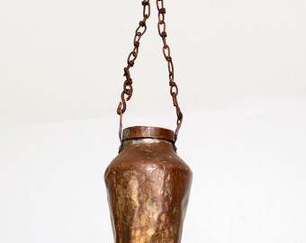 French Hanging Pot Vase Planter Hammered Copper & Brass Heavy Chain 1800s