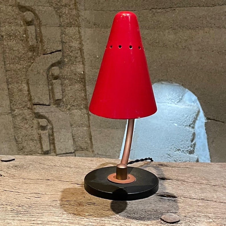 French Desk Table Lamp Lovely Red Perforated Cone Shade 1950s FRANCE image 5