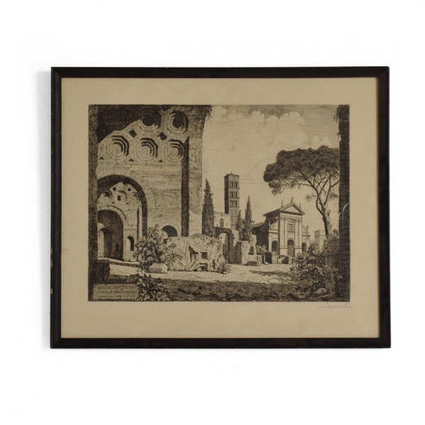 1960s Italian Architectural Etching Signed by LAURENZI, Secret Message Inside