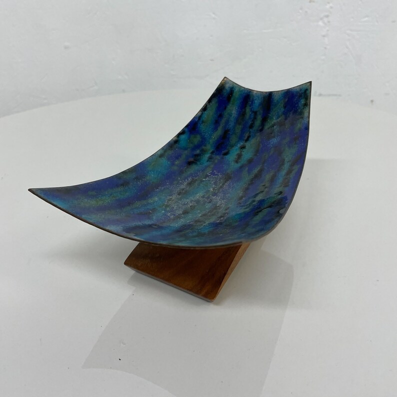 Modern Curved Lines Dreamy Blue Art Enamel Sculpture Koa Wood Base 1980s image 3