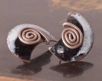 Vintage 1970s Mexico Modern Enamel Earrings Black Spiral Shaped
