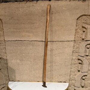 May include: A wooden-handled garden hoe with a dark metal blade. The long, slender handle is made of light-colored wood. The hoe is positioned against a textured, light-brown stone wall.