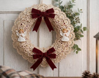 Wzór na wianek z koronki szydełkowej w stylu vintage | Dekoracja amigurumi z aniołkiem świątecznym | Wiktoriański świąteczny wieszak na drzwi | Ozdoba z koronki rodowej DIY