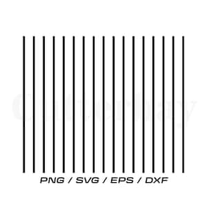 Puede incluir: Un diseño gráfico digital que presenta una serie de líneas verticales negras uniformes dispuestas en paralelo sobre un fondo blanco. Debajo de las líneas, el texto dice PNG / SVG / EPS / DXF en una fuente negra sans-serif.