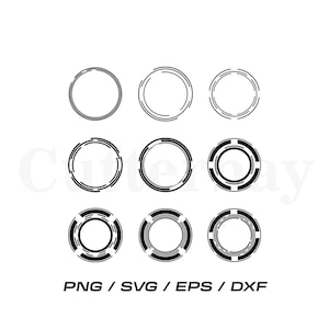 May include: A collection of nine black circular graphic designs arranged in a three-by-three grid. Each circle features distinct line weights, segmented patterns, and varying thicknesses, presented as digital vector art files labelled PNG, SVG, EPS, and DXF.