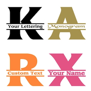Peut inclure: Quatre monogrammes à lettres divisées présentant les lettres K, A, R et X en noir, or, orange et rose. Chaque lettre comprend une barre horizontale avec le texte Your Lettering, Monogram, Custom Text et Your Name respectivement.