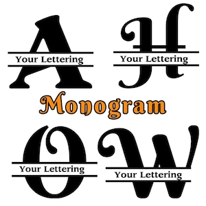 Peut inclure: Une collection de quatre monogrammes noirs à lettres divisées présentant les lettres A, H, O et W. Chaque lettre comprend une barre horizontale avec le texte "Your Lettering" centré. Le mot "Monogram" est affiché en orange avec un contour noir.