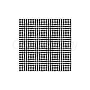 Peut inclure: Un motif graphique carré composé d'une grille répétitive de petits losanges noirs pleins disposés en rangées et colonnes uniformes sur un fond blanc uni, créant un design géométrique à fort contraste avec des bords nets et précis.