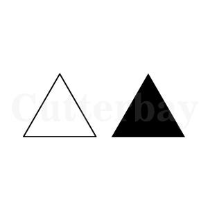 Può includere: Un design grafico che presenta due triangoli affiancati. Il triangolo a sinistra è un contorno con un sottile bordo nero e un centro bianco. Il triangolo a destra è una forma nera solida. Il testo Cutterbay è visibile sullo sfondo.