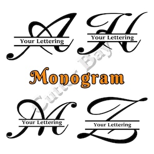 May include: Four black decorative monogram letters A, H, M, and Z in a cursive script font. Each letter features a horizontal split line through the centre containing the black text Your Lettering. The word Monogram appears in orange.