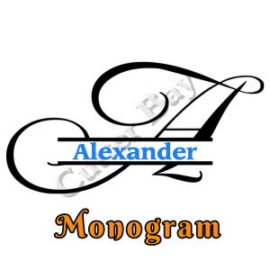 Puede incluir: Un monograma negro con la letra A decorada con elegantes remolinos y una línea horizontal en el centro. El nombre Alexander aparece en texto azul dentro de la línea, y la palabra Monogram se muestra en color naranja debajo.