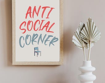 Download-ready Home or Cafe Wall Art Decor Antisocial Corner with optional A4 frame