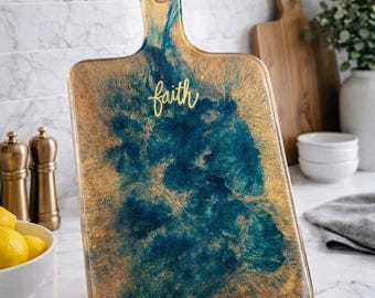 Teal Gold Resin Cutting Board – Faith Kitchen Decor, Charcuterie Serving Board