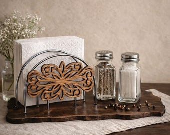 Handmade Resin Farmhouse Tray Salt and Pepper Set With Metal and Wood Napkin Holder