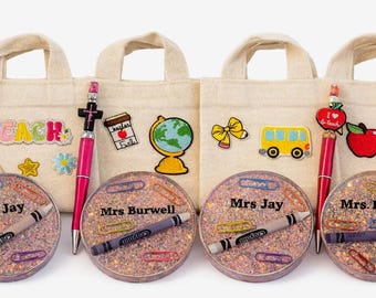 Personalized Teacher Gift Set | Custom Tote Bag, Beaded Pen, Resin Decor, Keychain