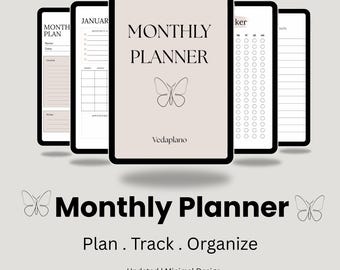 May include: A digital monthly planner displayed on several tablets. The cover of the planner features the text "MONTHLY PLANNER" with a butterfly graphic. Additional text includes "Plan. Track. Organize" and "Undated | Minimal Design."