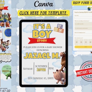 May include: A digital baby shower invitation template featuring Toy Story characters, blue clouds, and yellow text. The invitation displays the title It's a Boy Story, the name Jazael M., date November 29th, time 4PM, and address 1234 Anywhere St, 10655.