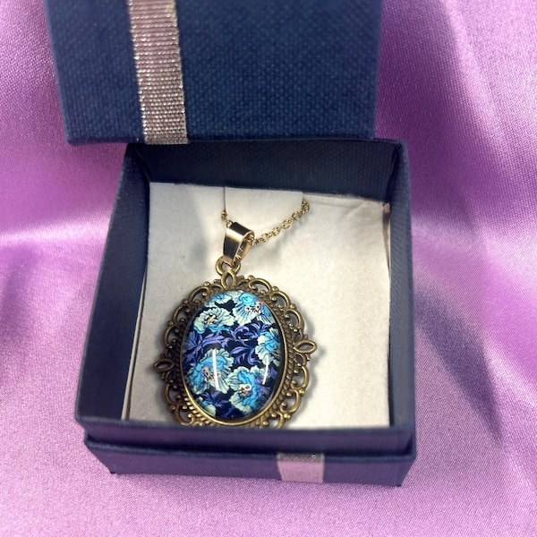 Blue Floral Glass Cabochon Pendant Necklace - 1.5“ x 1“ pendant