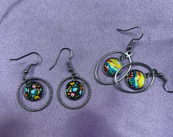 Colorful Glass Cabochon Hoop Earrings - Vibrant Floral &  sunset design