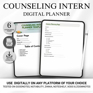 May include: A digital planner for counseling interns, featuring a cover page, table of contents, and session planning pages. The planner includes 6 hyperlinked pages and is available for instant download in PDF format. The text at the top says "COUNSELING INTERN DIGITAL PLANNER".
