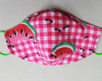 Handmade Fabric Face Mask Pink and White Gingham Watermelon Print- Size Medium