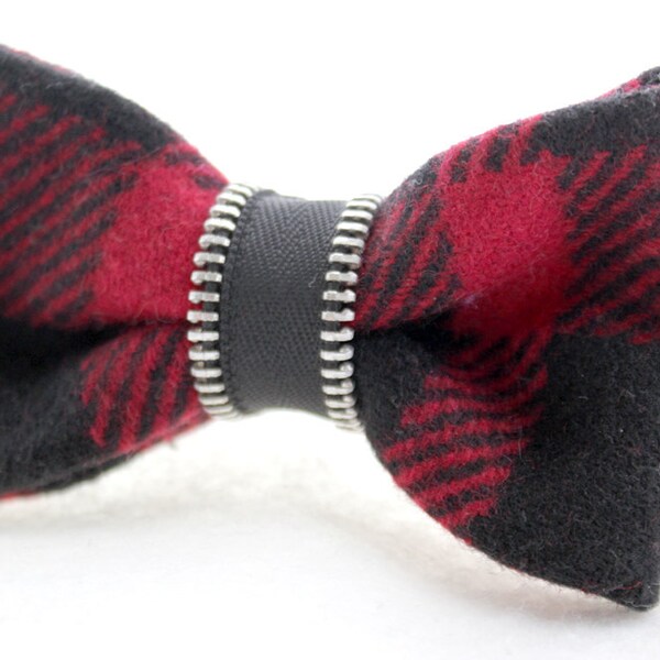 Black and Red Plaid Clip On Bow Tie With Zipper Detail