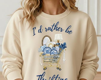 I’d Rather Be Thrifting PNG blue and gold vintage decor cart retro thrifting graphic thrift aesthetic shirt design embroidery style digital