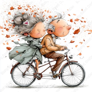 Puede incluir: Una ilustración caprichosa de dos personas mayores montando una bicicleta tándem. La persona de delante lleva un suéter beige y pantalones marrones, mientras que la de detrás lleva una gabardina gris y un accesorio para el pelo en forma de corazón.