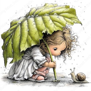 Puede incluir: Una ilustración caprichosa de un niño bajo una gran hoja verde que actúa como paraguas. El niño, con cabello rizado y un vestido blanco, mira a un caracol. Se ven gotas de lluvia, creando una escena encantadora y de cuento.