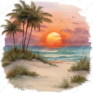 以下が含まれることがあります： 夕暮れ時のビーチを描いた水彩画風のイラスト。砂丘には3本のヤシの木、背の高い緑の草、小さなオレンジ色の花が描かれています。海はターコイズブルーの波が打ち寄せ、空はオレンジ、ピンク、イエローのグラデーションになっています。