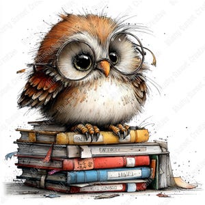 May include: A watercolour illustration of a studious owl wearing round spectacles, perched on a pile of colourful books. The owl has brown and white feathers and sharp claws. The books are various colours, including red, blue, and yellow.
