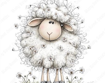 May include: A whimsical illustration of a sheep with a fluffy white wool coat adorned with small white flowers. The sheep has a light tan face with pink cheeks and is standing on a patch of green grass with more flowers.