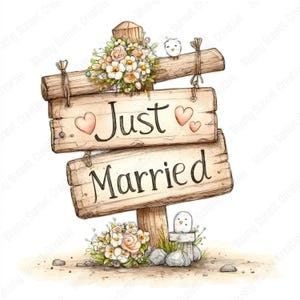 Może przedstawiać: Akwarelowa ilustracja drewnianego drogowskazu z napisem "Just Married". Znak posiada dwie drewniane deski z tekstem i sercowymi akcentami. Kompozycje kwiatowe i małe ptaki zdobią znak, tworząc uroczy, rustykalny wygląd. Idealny do dekoracji ślubnych.