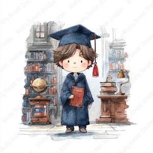 Può includere: Illustrazione ad acquerello di un laureato con cappello e toga blu, che tiene in mano un libro rosso. Lo sfondo presenta una biblioteca con scaffali, un mappamondo e una scrivania con libri e una lampada. L'immagine ha uno stile artistico delicato.