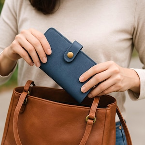 Portafoglio da donna blu navy - Portafoglio in pelle PU vegana con 7 scomparti per carte, tasca portamonete con cerniera, chiusura a scatto - Regalo per lei, elegante e sottile
