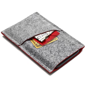 Capa de feltro para iPhone 16, 15, 14, 13, 12, Pro, Max, Mini, Plus e mais – Serve com/sem capa – Bolso para cartão – Também compatível com Android