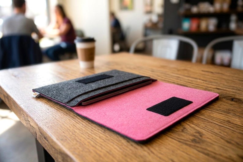 May include: A pink and gray felt laptop sleeve with a black velcro closure. The sleeve is open, revealing a laptop inside. The sleeve is on a wooden table in a cafe setting.