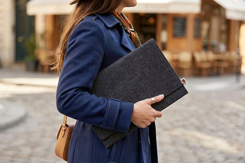 May include: A dark gray felt portfolio held by a person wearing a navy blue coat. The portfolio has a flap closure. A small tan leather purse hangs from the shoulder. The background shows a European street scene.