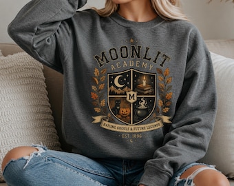 Moonlit Academy Sweatshirt, Vintage Halloween University Shirt, Dark Academia Fall Crewneck, Witchy Spooky Shirt, Gift for Her, Book Lover